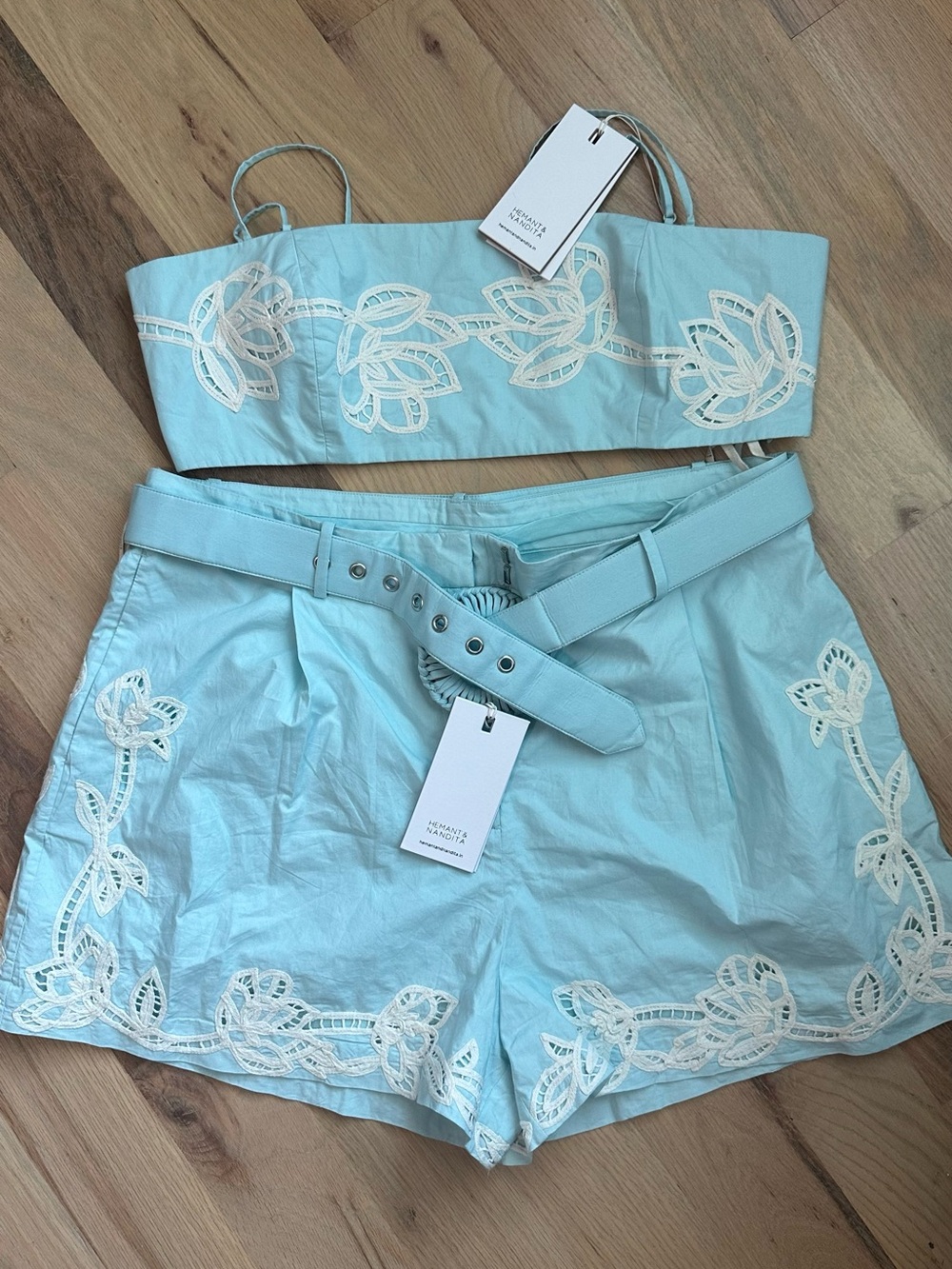 HEMANT & NANDITA Light Blue High-Waist Embroidered Shorts with Matching Belt